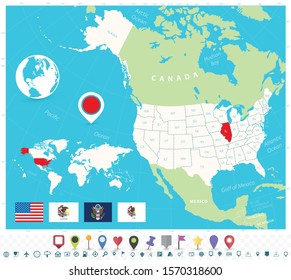 Location of Illinois on USA map with flags and map icons. Detailed vector illustration.