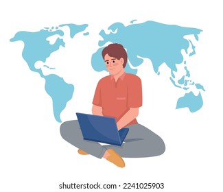 Location independence worker flat concept vector illustration. Remote male employee. Editable 2D cartoon character on white for web design. Freelancer creative idea for website, mobile, presentation