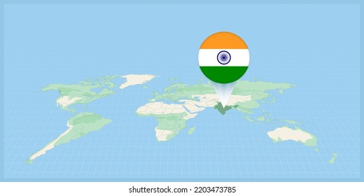 Lage Indiens auf der Weltkarte, mit indischem Fahnenstift markiert. Kartografische Vektorgrafik.