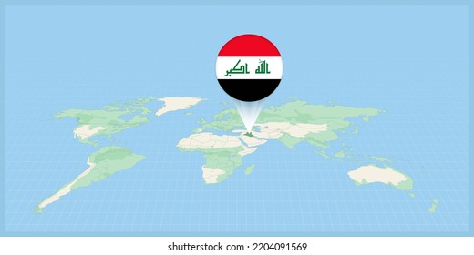 Location of Iraq on the world map, marked with Iraq flag pin. Cartographic vector illustration.