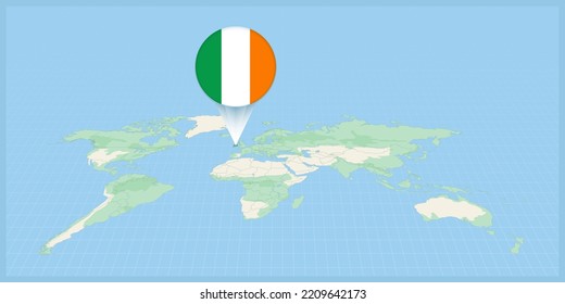 Location of Ireland on the world map, marked with Ireland flag pin. Cartographic vector illustration.