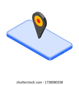 Location isometric symbol. Isometric vector illustration of smartphone with Pin icon. Global Positioning System concept design element in flat style.