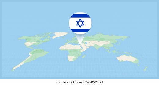 Location of Israel on the world map, marked with Israel flag pin. Cartographic vector illustration.