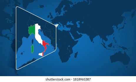 Lage von Italien auf der Weltkarte mit erweiterter Karte von Italien mit Flagge. Geografische Vektorvorlage für Ihr Design.