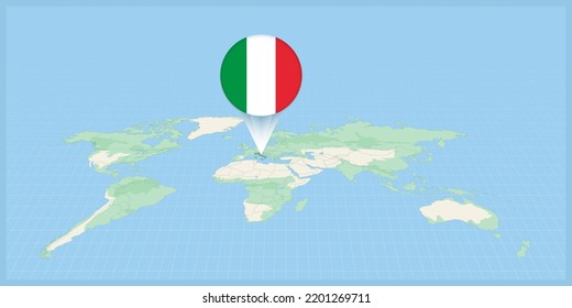 Location of Italy on the world map, marked with Italy flag pin. Cartographic vector illustration.