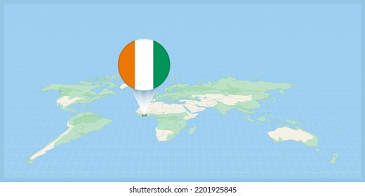 Location of Ivory Coast on the world map, marked with Ivory Coast flag pin. Cartographic vector illustration.