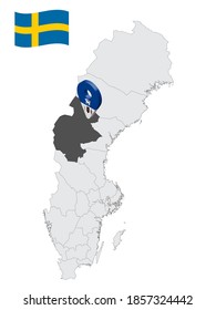 Location Jamtland County on map Sweden. 3d location sign similar to the flag of  Jamtland County. Quality map  with regions of  Sweden for your design. EPS10.