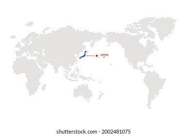 Location of JAPAN on the World Map with English text with a Japanese national flag. Simple Visualization atlas for Trip, Business, Education, and International Sports Games Information in Japan.