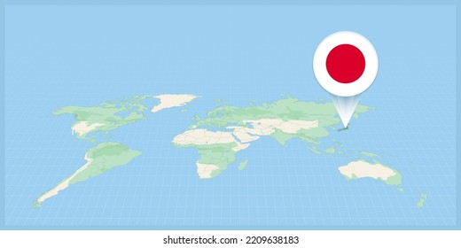 Ubicación de Japón en el mapa del mundo, marcado con la bandera de Japón. Ilustración vectorial cartográfica.