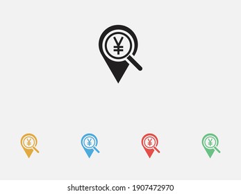 Location , Japanese Yen or Chinese Yuan and search icon. Looking for money. Search Japanese Yen or Chinese Yuan money. Japanese Yen or Chinese Yuan with magnifying glass icon. Vector illustration icon