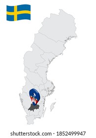 Ubicación Condado de Jonkoping en el mapa de Suecia. 3d signo de ubicación similar a la bandera del condado de Jonkoping. Mapa de calidad con regiones de Suecia para su diseño. EPS10.