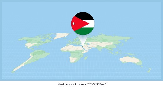 Lage Jordaniens auf der Weltkarte, mit jordanischem Fahnenstift markiert. Kartografische Vektorgrafik.