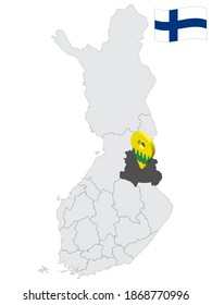 Location Kainuu Region  on map Finland. 3d location sign similar to the flag of  Kainuu. Quality map  with regions of  Finland for your design. EPS10.