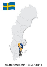 Location Kalmar County on map Sweden. 3d location sign similar to the flag of  Kalmar County. Quality map  with regions of  Sweden for your design. EPS10.