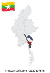 Ubicación del estado de Kayin en el mapa de Myanmar. Pin de posición del marcador de posición del mapa de la bandera Kayin 3d. Mapa de calidad con Regiones de Myanmar para su diseño. EPS10.