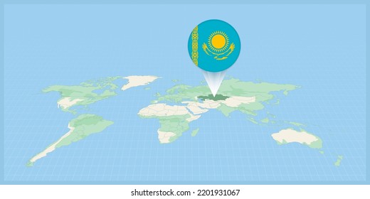 Ubicación de Kazajistán en el mapa del mundo, marcado con la bandera de Kazajistán. Ilustración vectorial cartográfica.