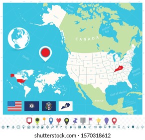Location of Kentucky on USA map with flags and map icons. Detailed vector illustration.