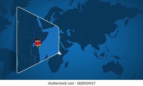 Ubicación de Kenia en el Mapa Mundial con Mapa Ampliado de Kenia con Bandera. Plantilla de vectores geográficos para su diseño.