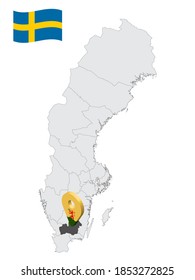 Location Kronoberg County on map Sweden. 3d location sign similar to the flag of  Kronoberg County. Quality map  with regions of  Sweden for your design. EPS10.