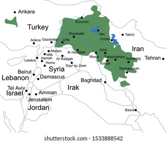 Location of Kurdistan on the map of the Middle East. Multi-layer map with borders and city names. Vector illustration.
