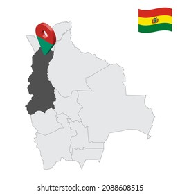 Location  La Paz Department  on map Bolivia. 3d location sign similar to the flag of La Paz. Quality map  with Departments of  Bolivia for your design. EPS10