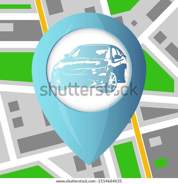 Location label with car. Online search for car rental\
and carsharing on the\
map