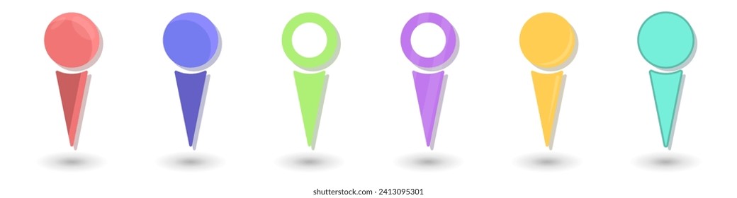 Location label vector. Pin on the map. Geolocation sign vector set of stylish icons. Trendy GPS icons. Point on the map vector. Colored needles on the map. Navigation pin.