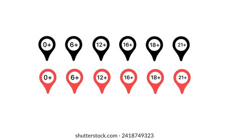 Location labels with minimum icon age. Silhouette and flat style. Vector icons