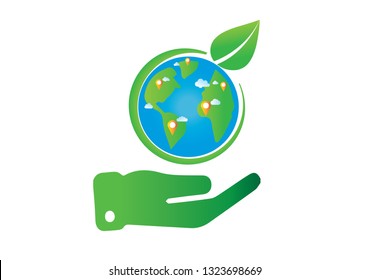 Location landmark icon on earth. Business connection. Green earth save the world from global warming with Eco friendly and alternative energy concept.vector illustration.
