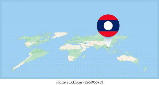 Location of Laos on the world map, marked with Laos flag pin. Cartographic vector illustration.