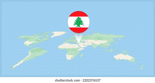 Location of Lebanon on the world map, marked with Lebanon flag pin. Cartographic vector illustration.