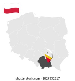 Location of  Lesser Poland Province on map Poland. 3d location sign similar to the flag of Lesser Poland. Quality map  with  provinces of  Poland for your design. EPS10.

