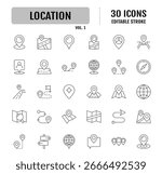 Location line editable icon set. Containing map, map pin, destination, directions, distance, place, navigation, address, and more. vector illustration
