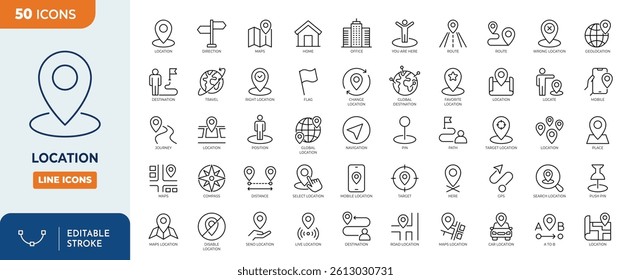 Location line editable icon set. Containing map, map pin, gps, destination, directions, distance, place, navigation, address, and more. vector illustration