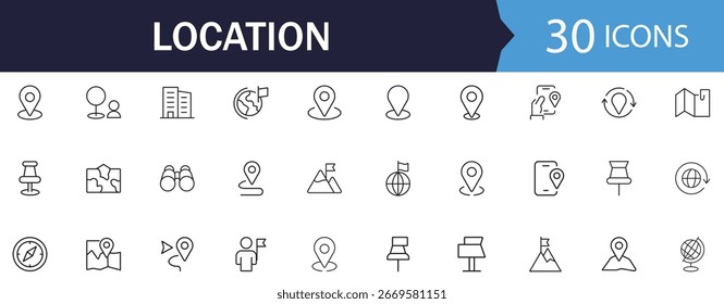 Location line editable icon set. Includes Map Pin Linear Icons, Including Address, place, location, directions, navigation, map, distance, map marker and More. Vector illustration.