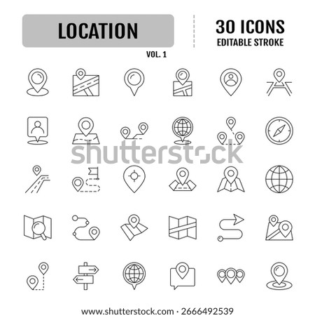 Location line editable icon set. Containing map, map pin, destination, directions, distance, place, navigation, address, and more. vector illustration