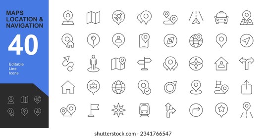 
Location Line editable icons set. Vector illustration in modern thin line style of icons: navigation, location, contains map with a pin, route map, navigator, direction and more.
