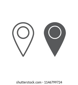 Location line and glyph icon, contact us and pin, map pointer sign, vector graphics, a linear pattern on a white background, eps 10.