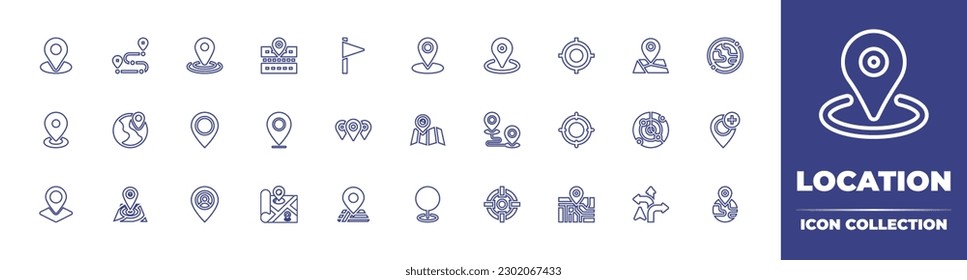 Sammlung von Symbolen für die Standortzeile. Bearbeitbarer Strich. Vektorgrafik. Enthält Position, Route, Straße, Fahnenmast, Platzhalter, Ziel, Karte, Geolokation, GPS, Weltkarte, Pin, Positionen, Fokus, Radar.