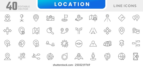 Location line icon collection. Navigation, travel, traffic, point, gps, compuss and distance icon set. UI outline icons pack