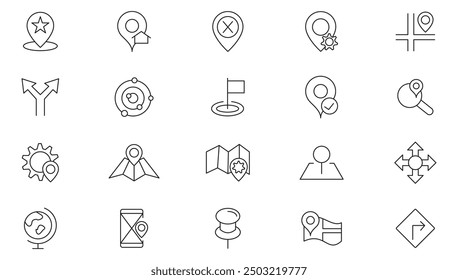 Location line icon collection. Navigation, travel, traffic, point, gps, compuss and distance icon set. UI outline icons pack