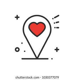 Location line icon. Map pin pointer sign and symbol. Navigation. Heart shape.