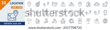 Location line icon set. Set of 30 outline icons related to map, map pin, gps, destination, directions, distance, place, navigation, address and others. Vector illustration.