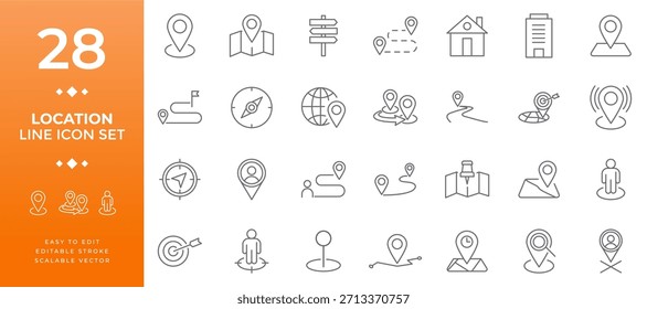 Conjunto de iconos de líneas de Locación con pines de mapas, rutas de navegación, brújula, globo terráqueo, objetivo y Formas humanas, ideal para App, Diseños web y proyectos digitales con gráficos de trazo editables