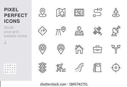 Location line icon set. Gps, proximity, road map, gas station, work destination, place marker minimal vector illustration. Simple outline sign navigation app ui 30x30 Pixel Perfect Editable Stroke.