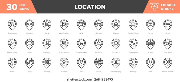 Positionslinien-Symbolsatz - GPS, Pin-Position, Ziel, Kartenvektorgrafik
