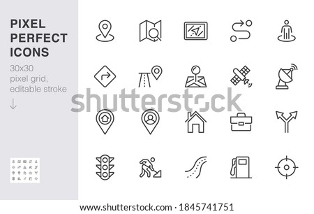 Location line icon set. Gps, proximity, road map, gas station, work destination, place marker minimal vector illustration. Simple outline sign navigation app ui 30x30 Pixel Perfect Editable Stroke.