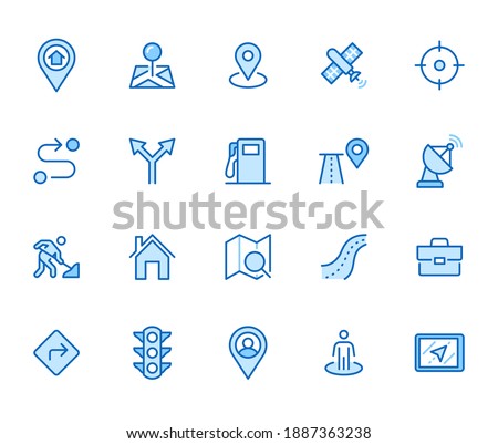 Location line icon set. Gps, proximity, road map, gas station, work destination, place marker minimal vector illustration. Simple outline sign navigation app ui. Blue color, Editable Stroke.