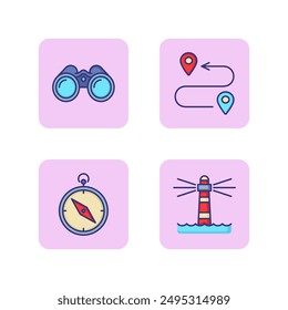 Location line icon set. Lighthouse, binoculars, compass, mark pointers. Exploration and navigation concept. Vector illustrations can be used for topics like tourism, discovery, travel