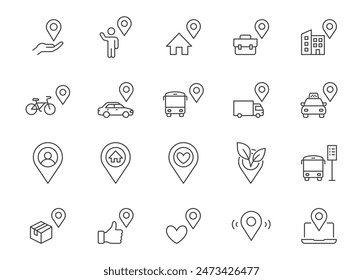 Positionsliniensymbolsatz. Karte Pin, Sie sind hier, Bushaltestelle, Taxi-Parkplatz, grüne Zone, Arbeitsort, Fracht Tracking Outline Vektorillustration. Einfaches lineares Piktogramm für die Navigation. Bearbeitbarer Strich